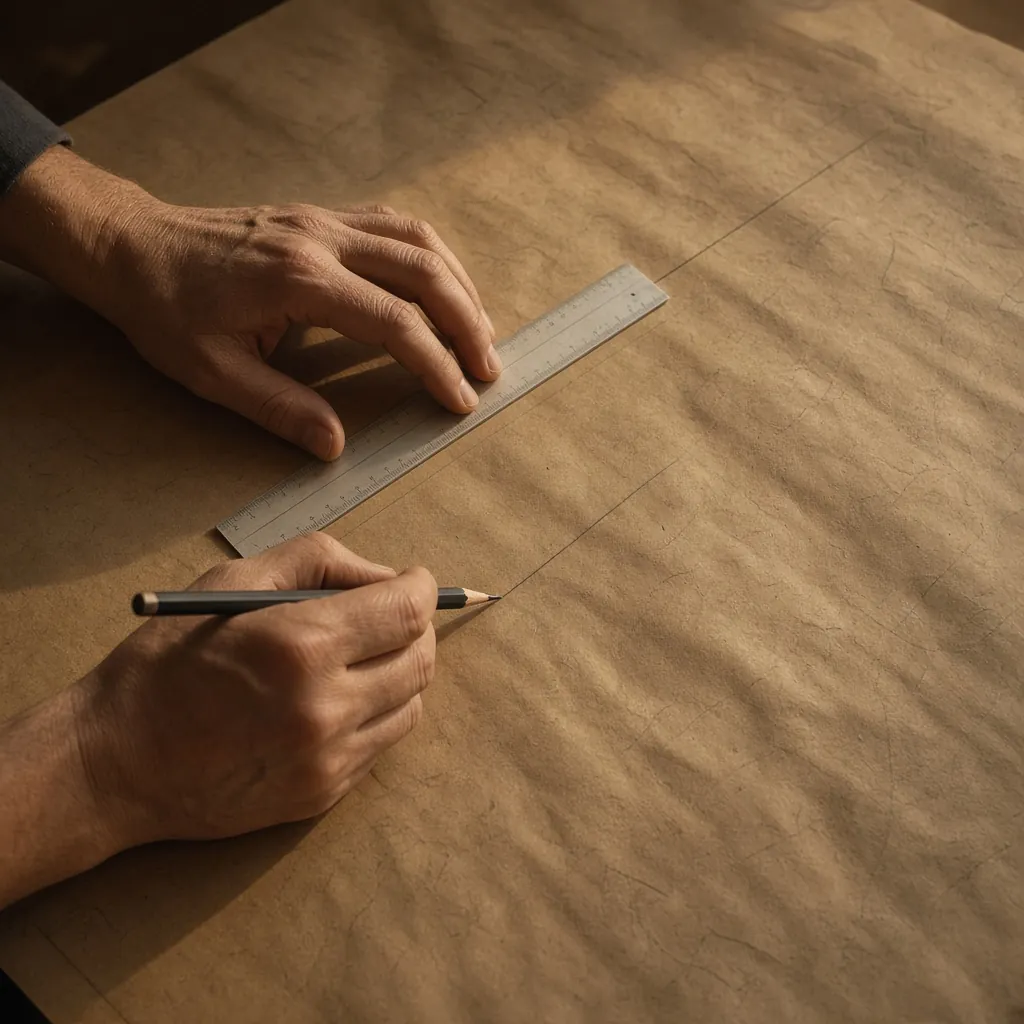 Mãos traçando uma linha com régua e lápis sobre papel kraft. Imagem ilustrativa