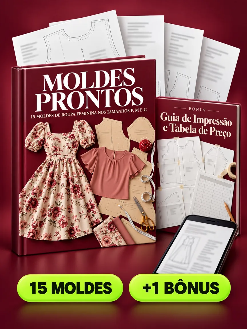 Montagem ilustrativa do Moldes Prontos: livro com a capa, páginas do material e celular e capas dos bônus