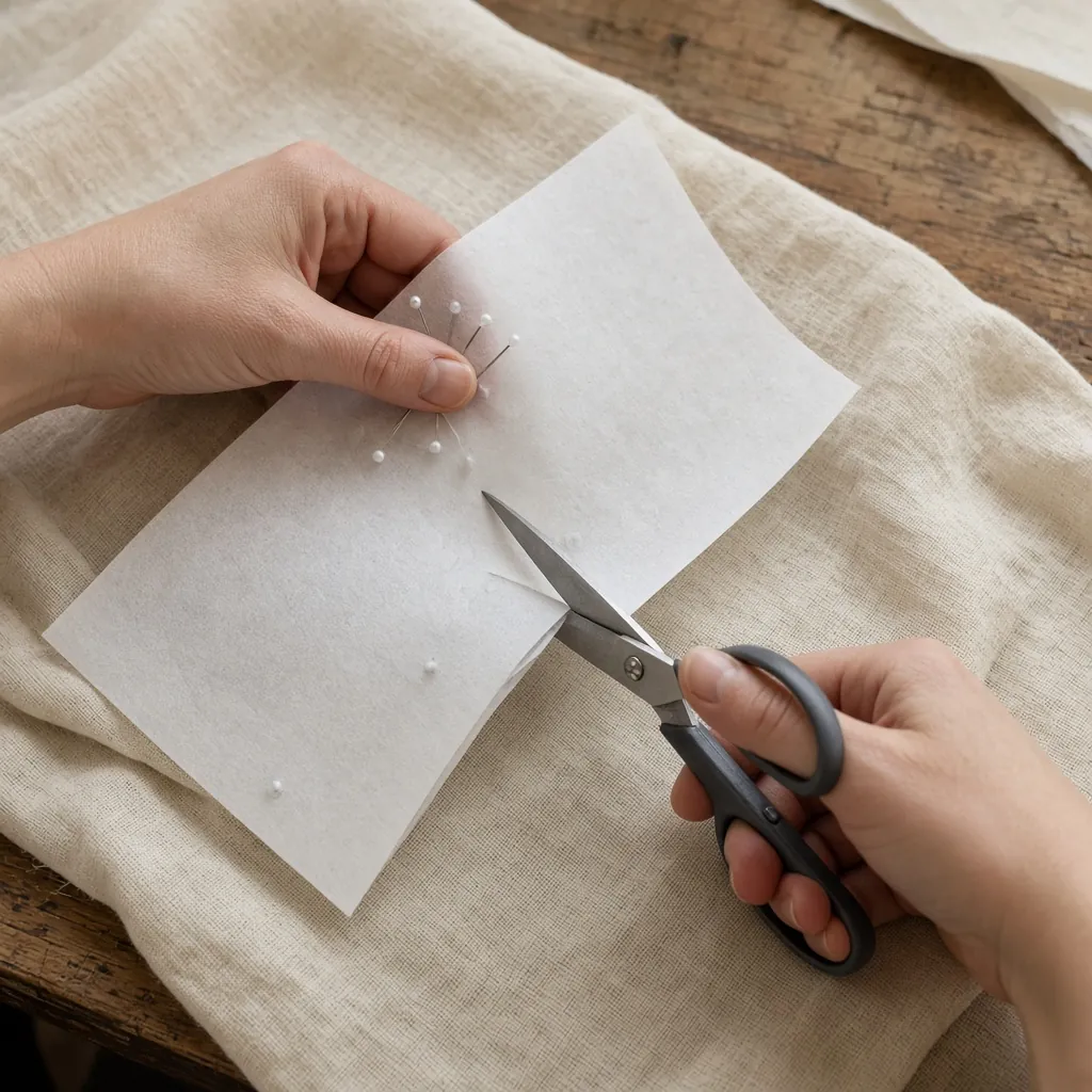 Mãos cortando tecido cru barato com tesoura, com o molde de papel alfinetado por cima. Imagem ilustrativa